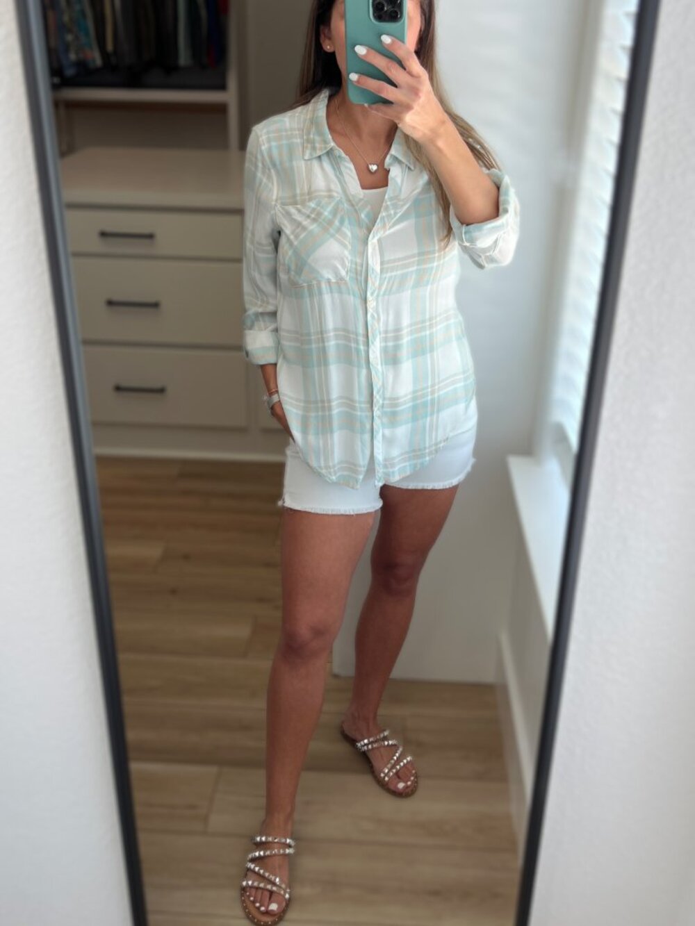 Lightweight Plaid Button-Up Top - Mint Green - Picture 12 of 15